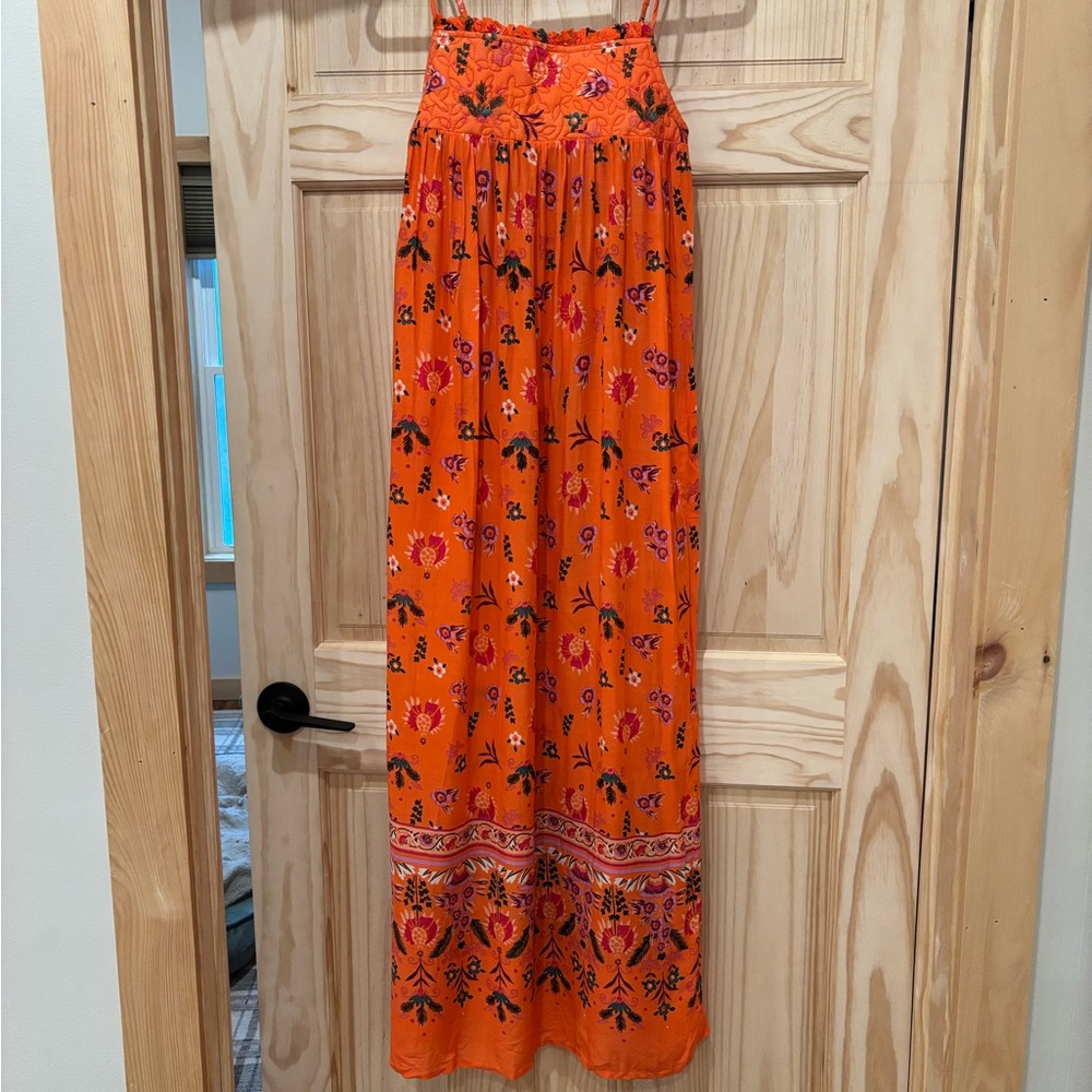 Smocked Orange and Red Maxi dress for Resort Wear